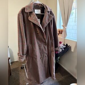 American Eagle Outfitters Women's Plaid Trench Coat - Red and Brown